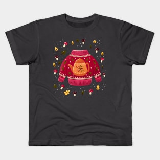 Christmas holiday sweater with tea kettle, leaves and mushrooms. Colorful winter festive illustration. Kids T-Shirt